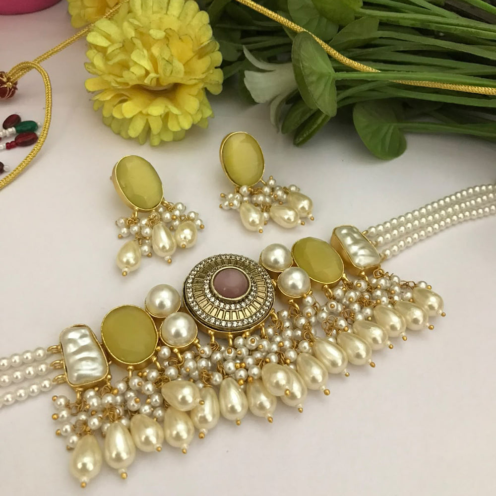 FS Collection Classic Pota Stone And Beaded Choker Necklace Set