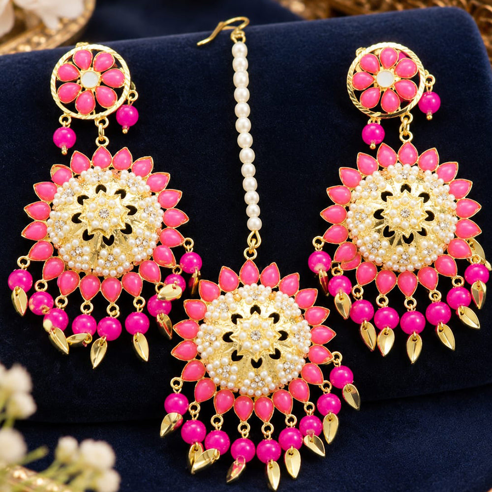 FS Collection Kundan Stone And Beads Dangler Earrings With Maangtikka