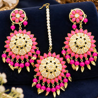 FS Collection Kundan Stone And Beads Dangler Earrings With Maangtikka