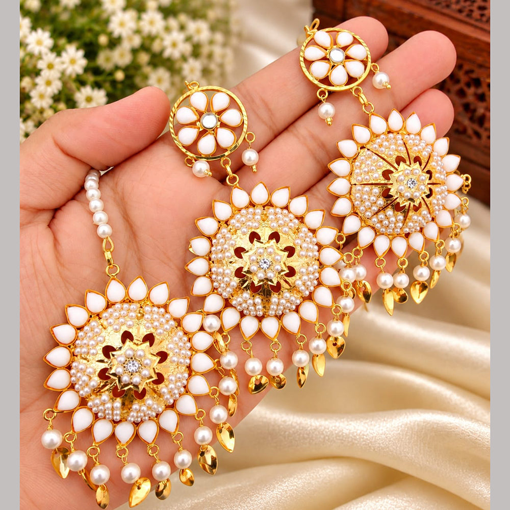 FS Collection Kundan Stone And Beads Dangler Earrings With Maangtikka