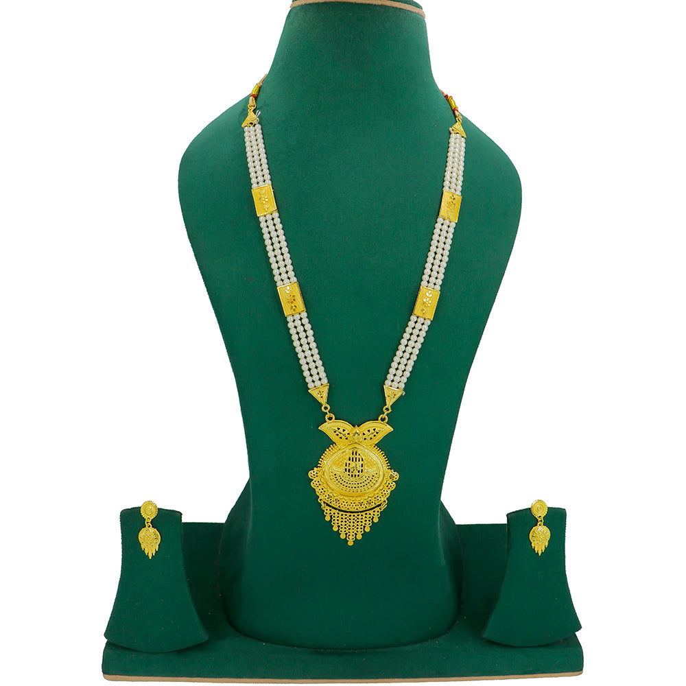 Mahavir Gold Plated Pearls Long Necklace Set