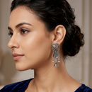 Urthn Antique Oxidised Silver Stone Jhumka Earrings(Pack of 6)