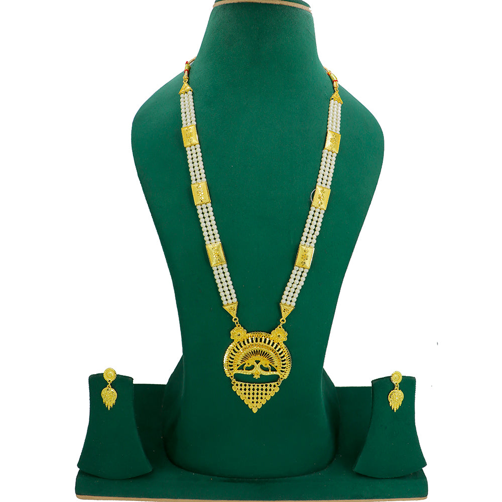 Mahavir Gold Plated Pearls Long Necklace Set