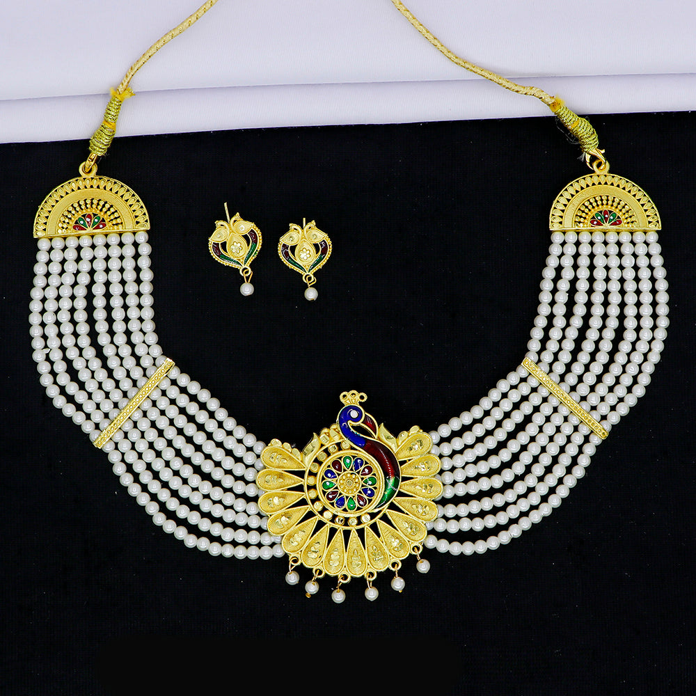 Mahavir Gold Plated Pearls Meenakari Necklace Set