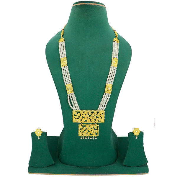 Mahavir Gold Plated Pearls Long Necklace Set