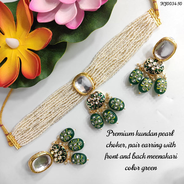 Raj Creation Gold Plated Kundan & Pearls Choker Necklace Set