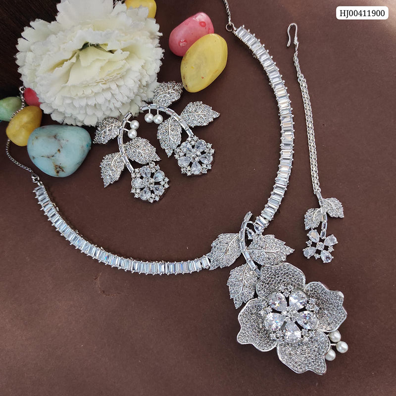 Raj Creations Silver Plated AD Stone Necklace Set