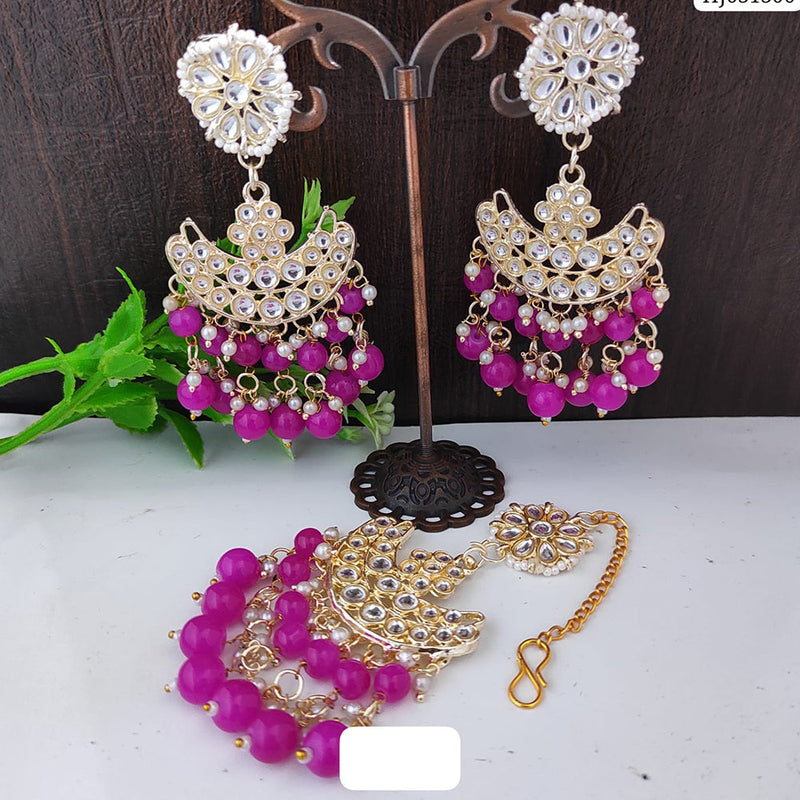 Raj Creations Gold Plated Kundan And Beads Earrings With Mangtikka