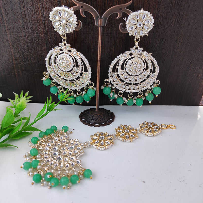 Raj Creations Gold Plated Kundan And Beads Earrings With Mangtikka