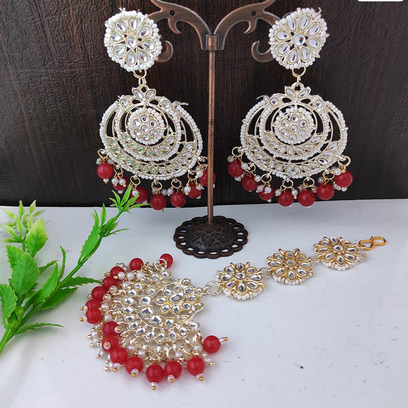 Raj Creations Gold Plated Kundan And Beads Earrings With Mangtikka