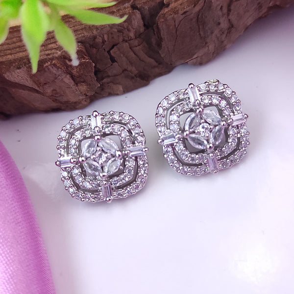 Raj Creations Silver Plated AD Stone Stud Earrings