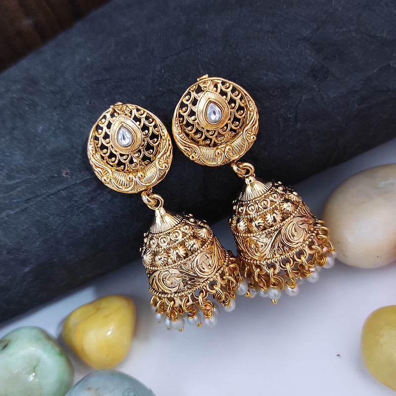 Raj Creations Gold Plated Pota Stone Pearl Jhumki Earrings