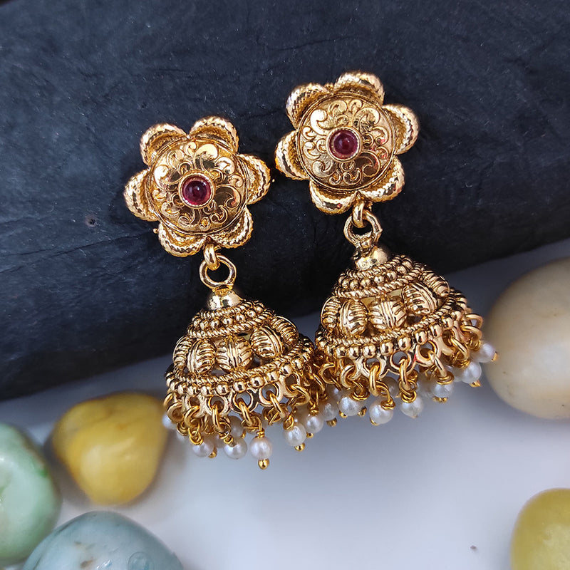 Raj Creations Gold Plated Pota Stone Pearl Jhumki Earrings