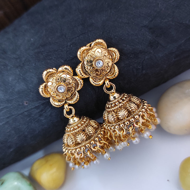 Raj Creations Gold Plated Pota Stone Pearl Jhumki Earrings