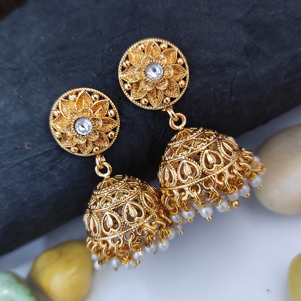 Raj Creations Gold Plated Pota Stone Pearl Jhumki Earrings