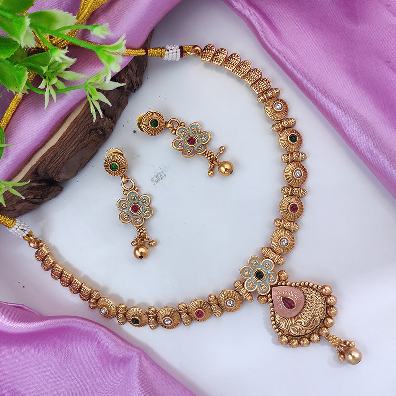 Raj Creations Gold Plated Pota Stone Meenakari Necklace Set