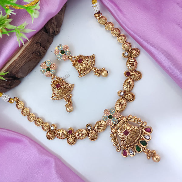 Raj Creations Gold Plated Pota Stone Meenakari Necklace Set