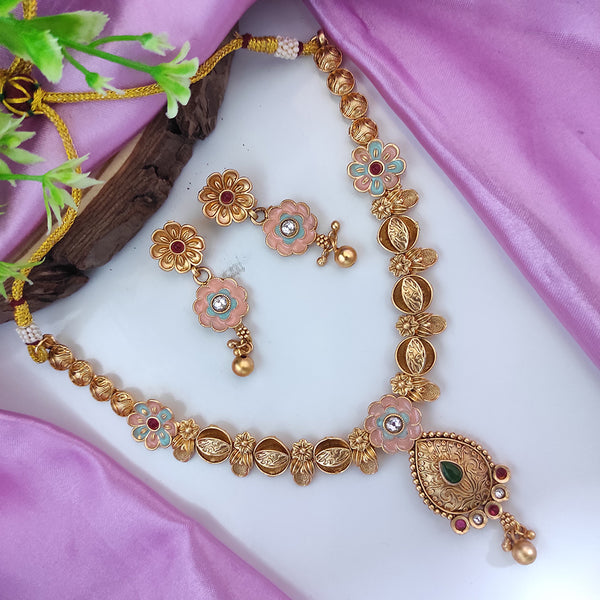 Raj Creations Gold Plated Pota Stone Meenakari Necklace Set