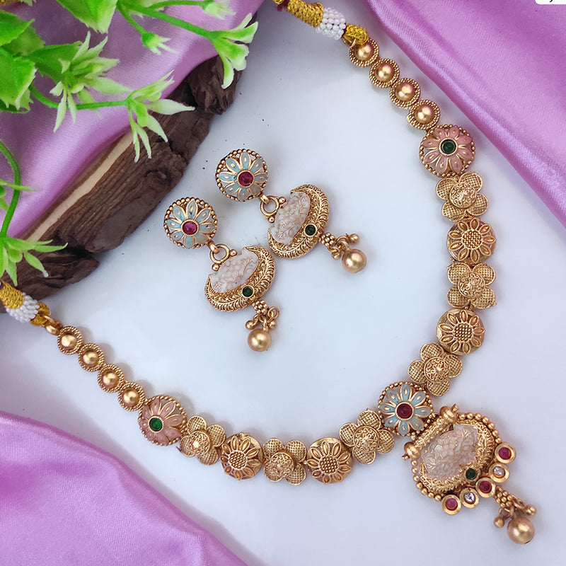 Raj Creations Gold Plated Pota Stone Meenakari Necklace Set