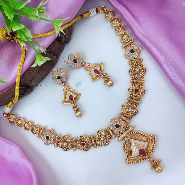 Raj Creations Gold Plated Pota Stone Meenakari Necklace Set