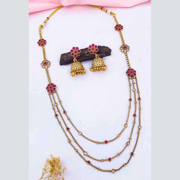 Sangita Creation  Copper Gold  Pota Stone Multi Layer Long  Necklace Set