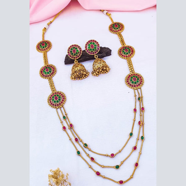 Sangita Creation  Copper Gold  Pota Stone Multi Layer Long  Necklace Set