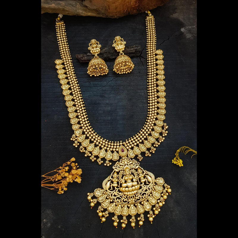 Sangita Creation  Copper Gold  Pota Stone Temple Long  Necklace Set