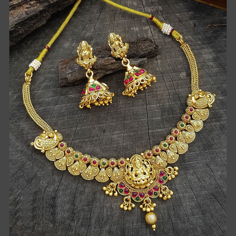 Sangita Creation  Copper Gold  Pota Stone Temple Long  Necklace Set