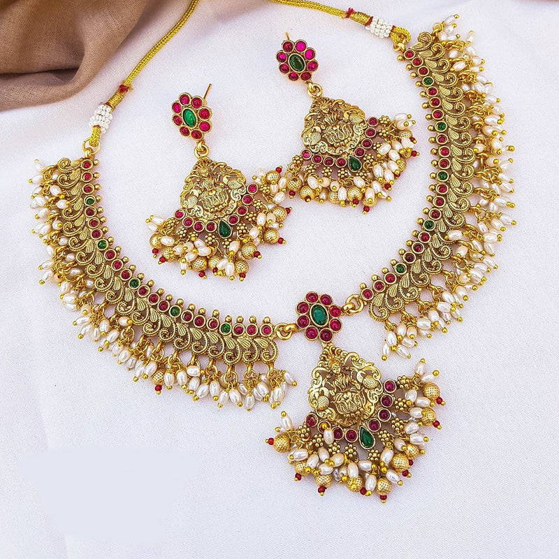 Sangita Creation  Copper Gold  Pota Stone Temple Long  Necklace Set