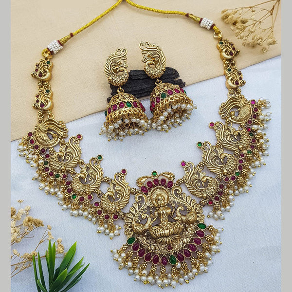 Sangita Creation  Copper Gold  Pota Stone Temple Long  Necklace Set