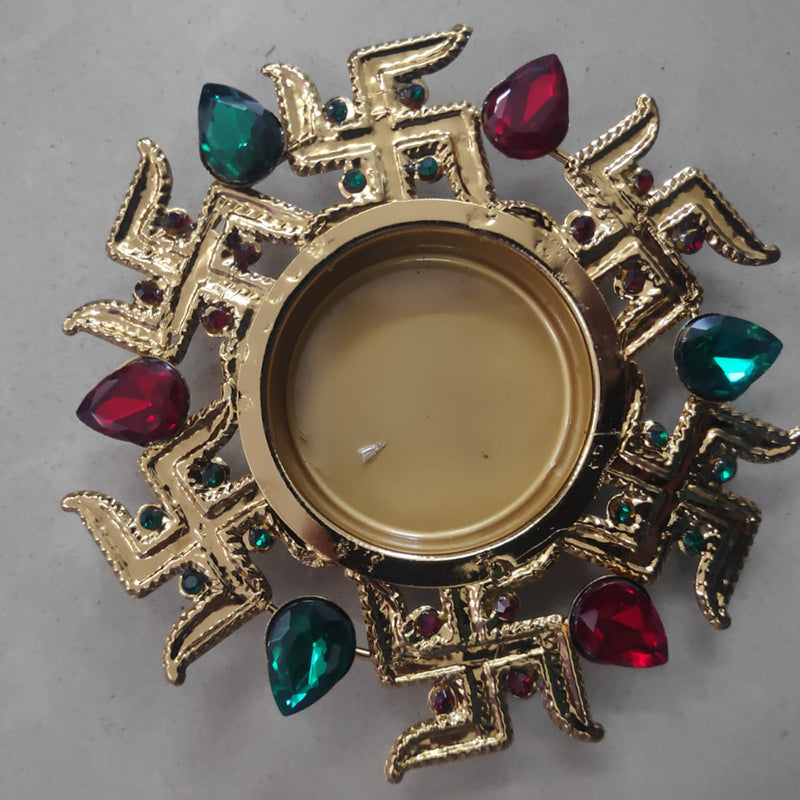 Viky Brass Metal Gold Plated Swastik Designer Diya