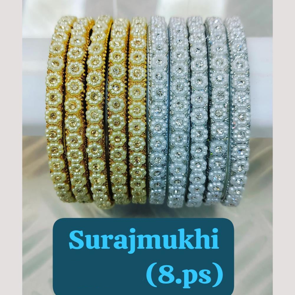 Chitra Bangles Glass Austrian Stone And Pearl Bangle Set (8 Piece In One Box)
