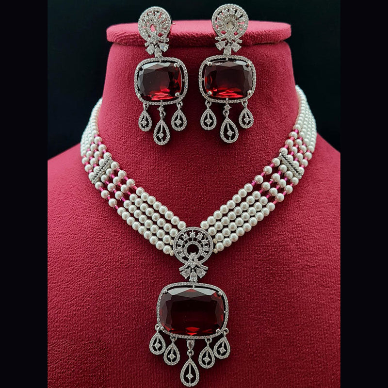 Vivah Creations Silver Plated American Diamond And Pearl Necklace Set