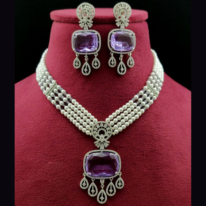 Vivah Creations Silver Plated American Diamond And Pearl Necklace Set