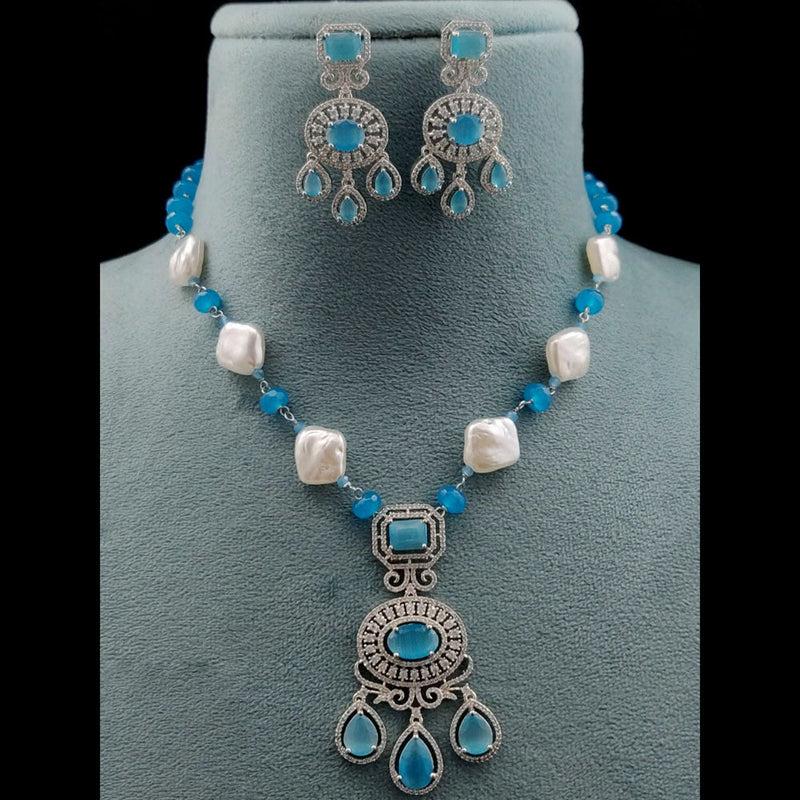 Vivah Creations Silver Plated American Diamond And Mother Of Pearl  Necklace Set