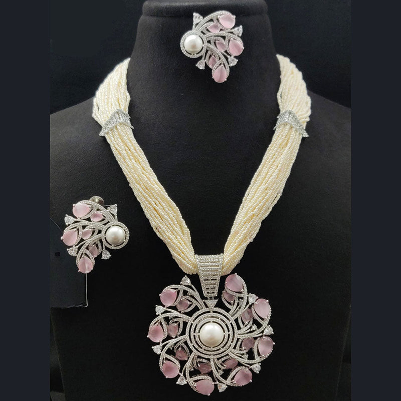 Vivah Creations Silver Plated American Diamond And Pearls Necklace Set