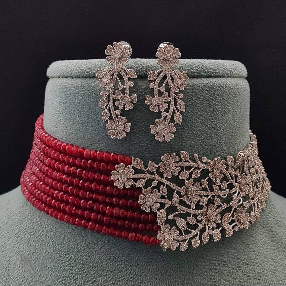 Vivah Creations Floral American Diamond And Pearl Choker Necklace Set