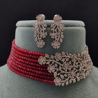 Vivah Creations Floral American Diamond And Pearl Choker Necklace Set