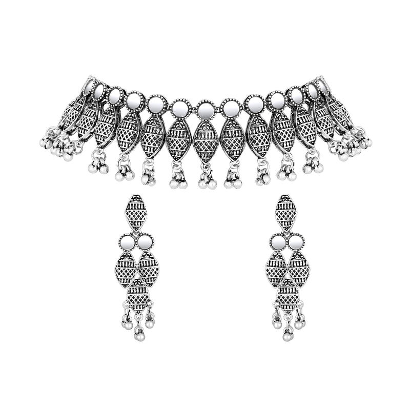 Bhavi Jewels Oxidised Plated Mirror Choker Necklace Set