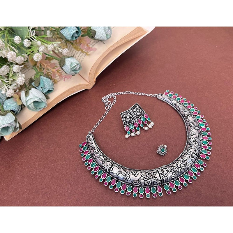 Akruti Collection Oxidised Plated Pota Stone Necklace Set