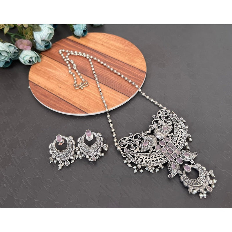 Akruti Collection Oxidised Plated Peacock Long Necklace Set