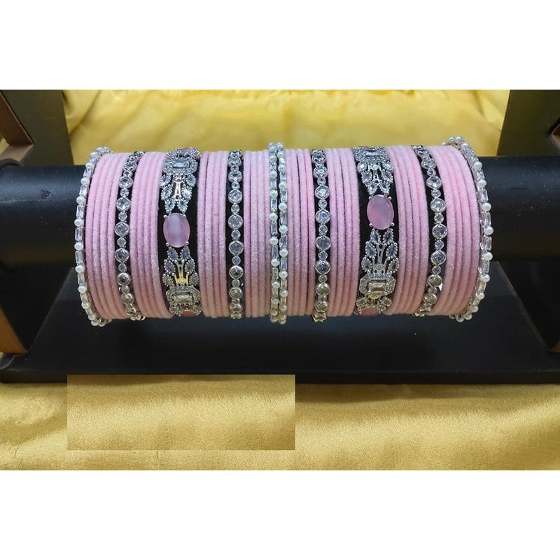 Akruti Collection Silver Plated AD And Velvet Bangle Set