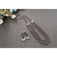 Akruti Collection Oxidised Plated Pota Stone Long Necklace Set