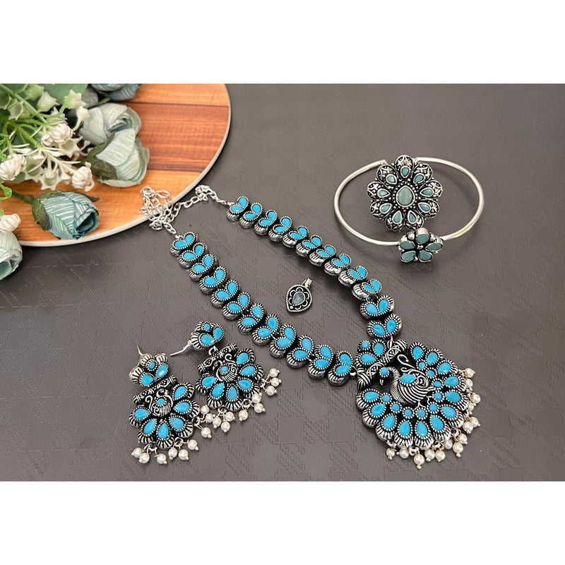 Akruti Collection Oxidised Plated Pota Stone Combo Set