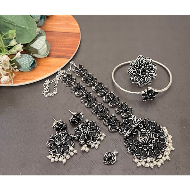 Akruti Collection Oxidised Plated Pota Stone Combo Set