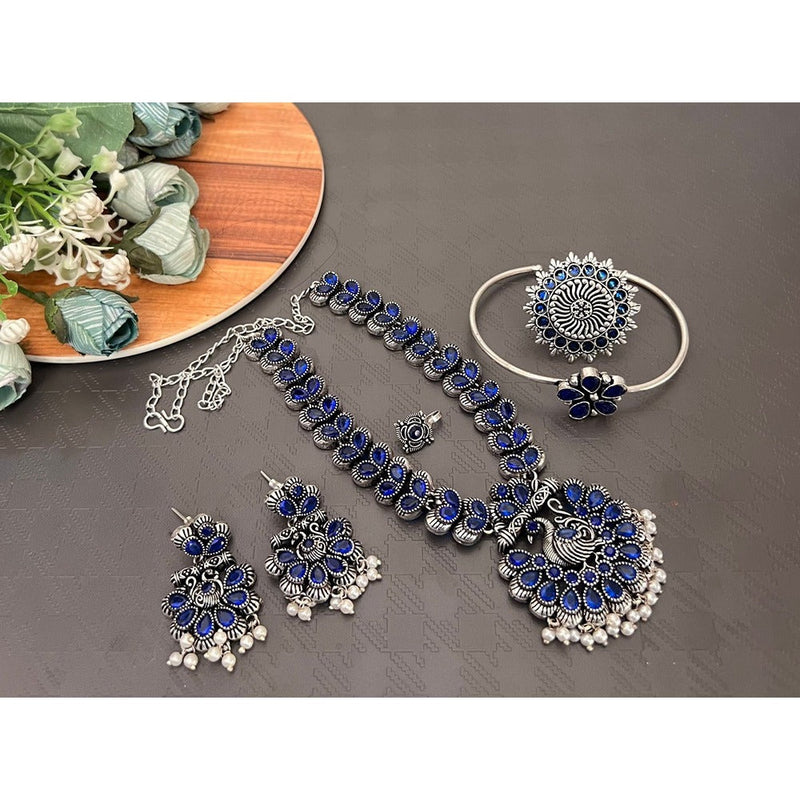 Akruti Collection Oxidised Plated Pota Stone Combo Set