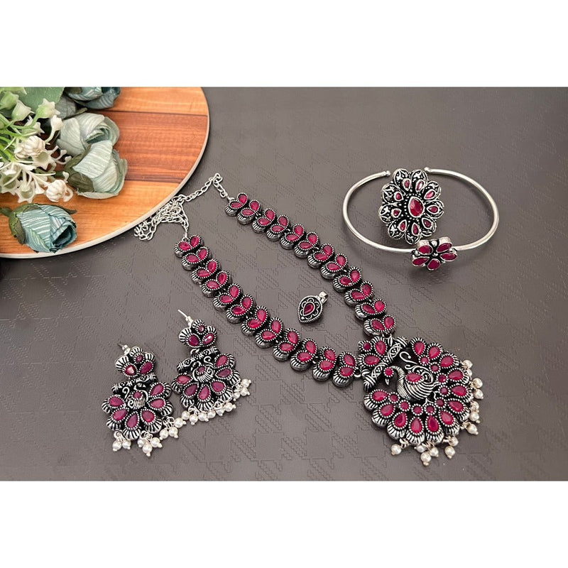 Akruti Collection Oxidised Plated Pota Stone Combo Set