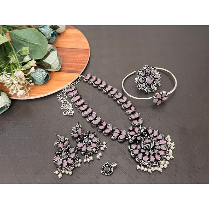 Akruti Collection Oxidised Plated Pota Stone Combo Set