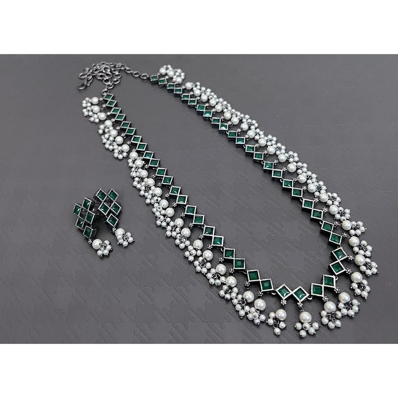 Akruti Collection Oxidised Plated Pearl And Pota Stone Long Necklace Set