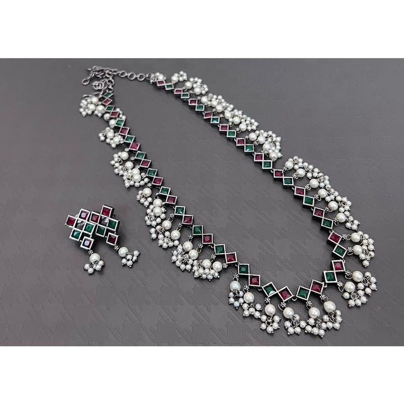 Akruti Collection Oxidised Plated Pearl And Pota Stone Long Necklace Set